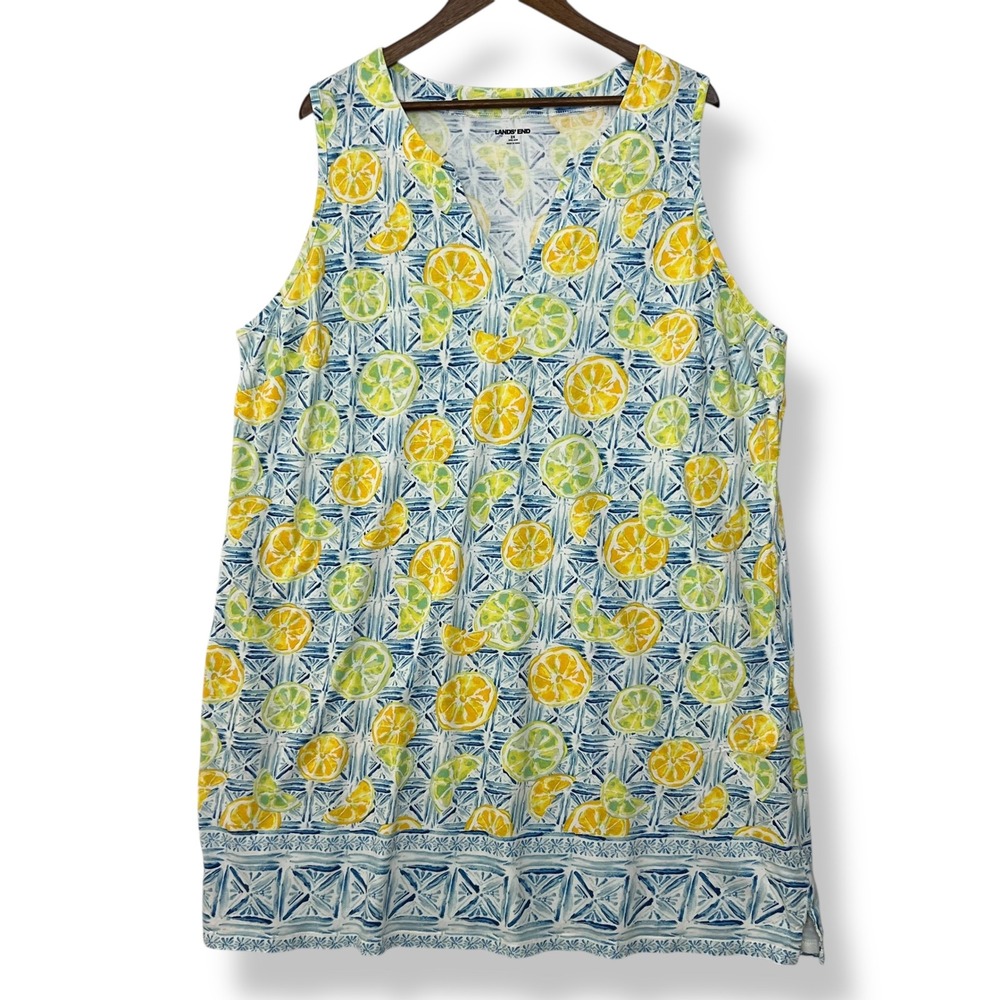 Lands' End Dress 2X Blue Yellow Lemon Lime Print 100% Cotton Pocket Summer Beach